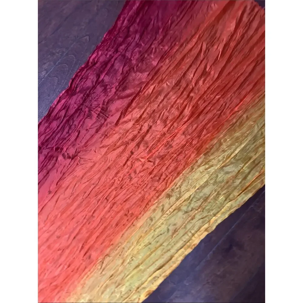 Vibrant Ombre Red-Orange Fringe Scarf, Lightweight Silky Crinkle Fabric